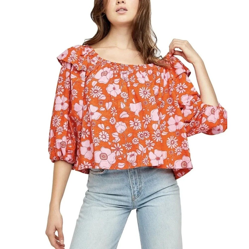 Free People Miss Daisy Peasant Blouse XS Floral Ruffle Balloon Sleeve Oversized